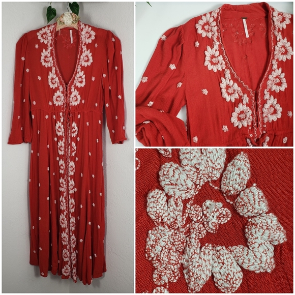 Free People Red White Embroidery Bohemian Boho Midi Oversized XS - Picture 2 of 16